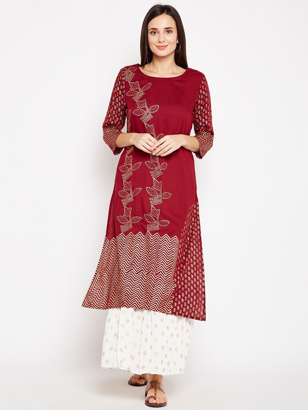 

Be Indi Women Maroon & Gold-Coloured Ethnic Motifs Printed Pure Cotton A-line Kurta