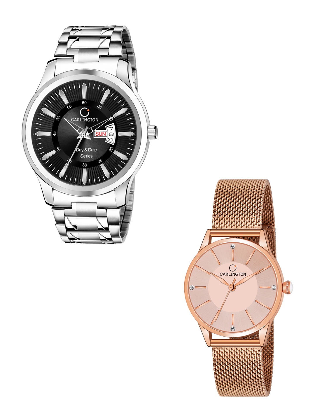 

CARLINGTON Unisex Black Set of 2 Stainless Steel Bracelet Style His & Her Analogue Watch, Multi