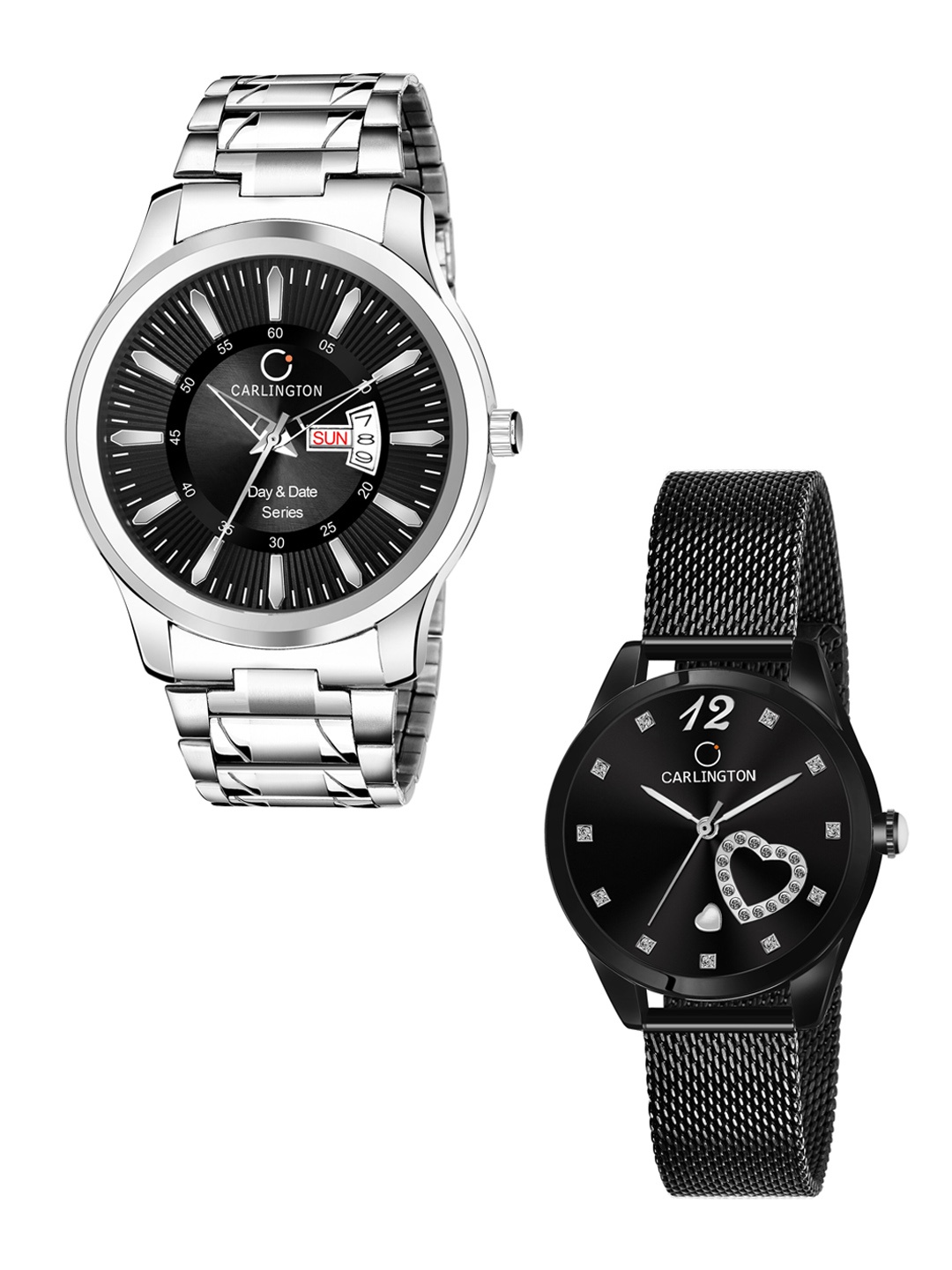 

CARLINGTON His & Her Black Stainless Steel Bracelet Style Analogue Watch Gift Set