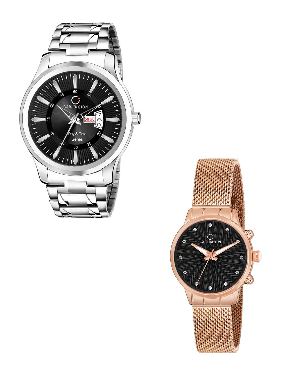

CARLINGTON Unisex Black Set of 2 Stainless Steel Bracelet Style His & Her Analogue Watch, Multi