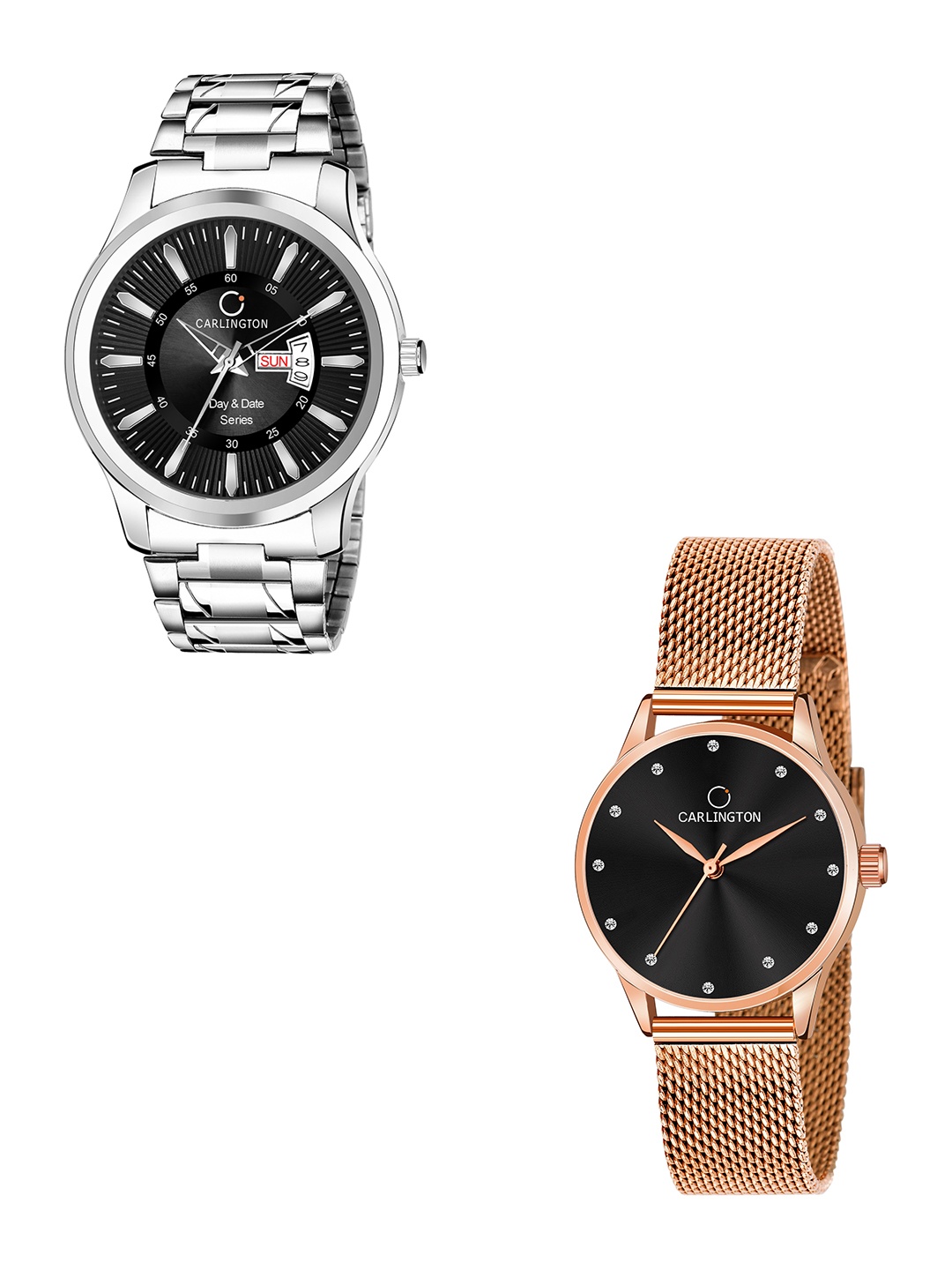 

CARLINGTON His & Her Black Stainless Steel Bracelet Style Straps Analogue Watch