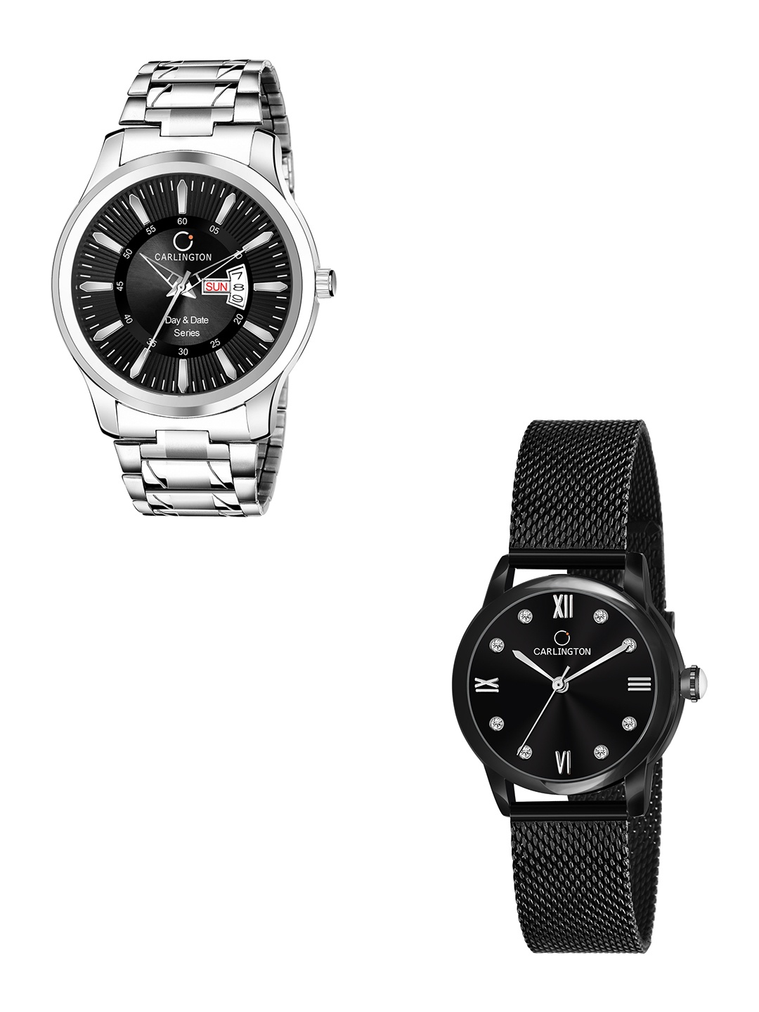 

CARLINGTON His & Her Black Stainless Steel Bracelet Style Straps Analogue Watch