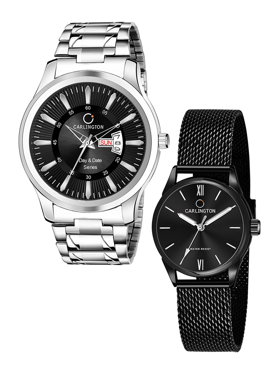 

CARLINGTON His & Her Black Stainless Steel Bracelet Style Straps Analogue Watch, Multi