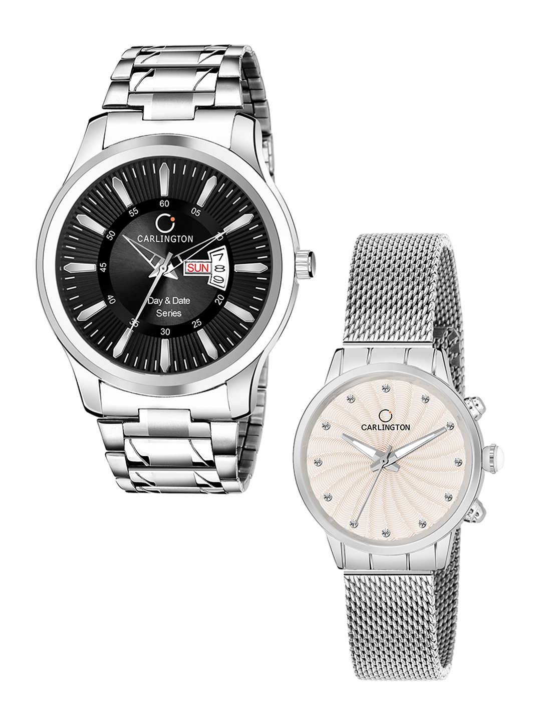 

CARLINGTON Unisex Silver Set of 2 Stainless Steel Bracelet Style His & Her Analogue Watch, Multi