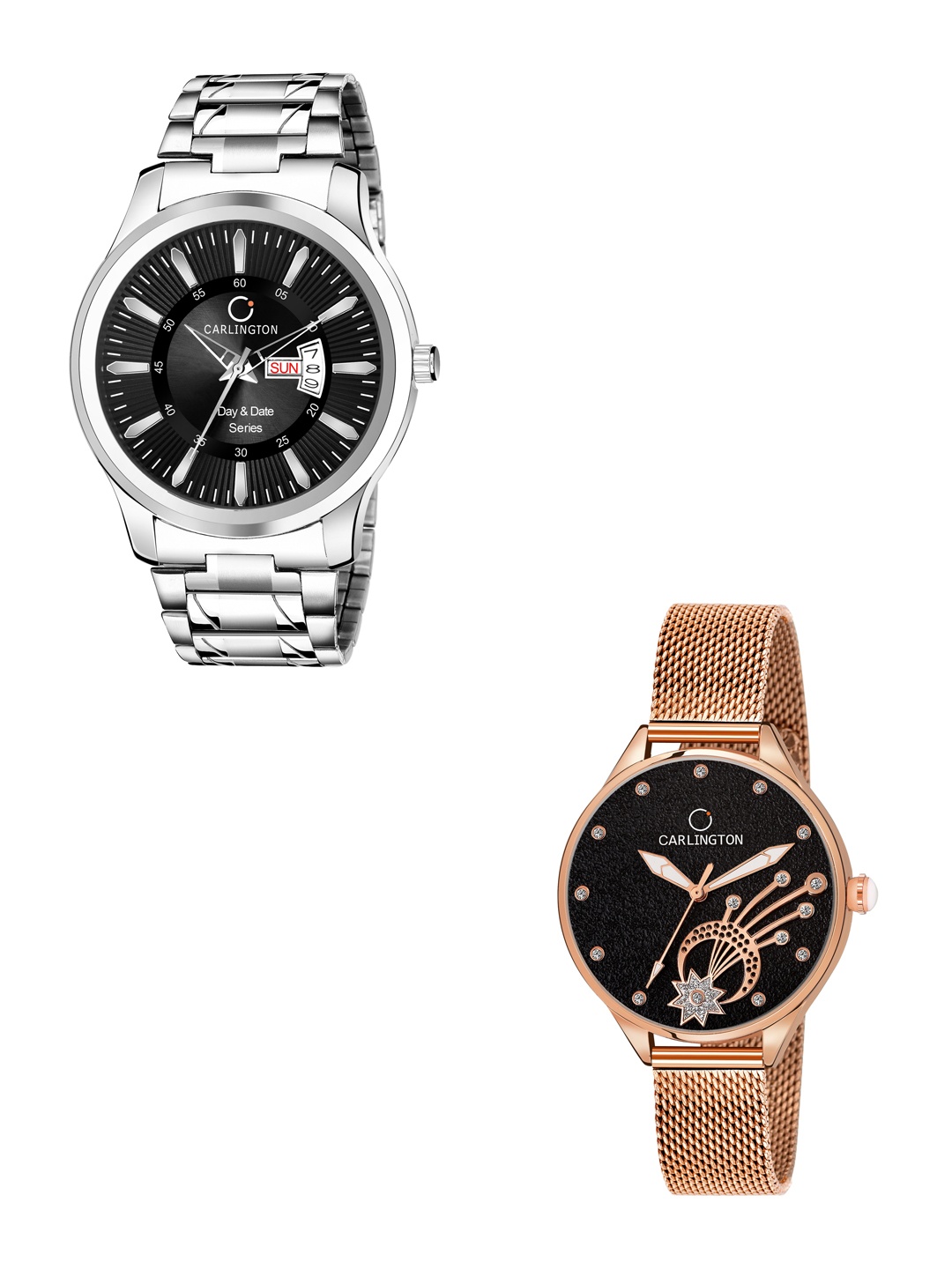 

CARLINGTON Unisex Black Set of 2 Stainless Steel Bracelet Style His & Her Analogue Watch, Multi