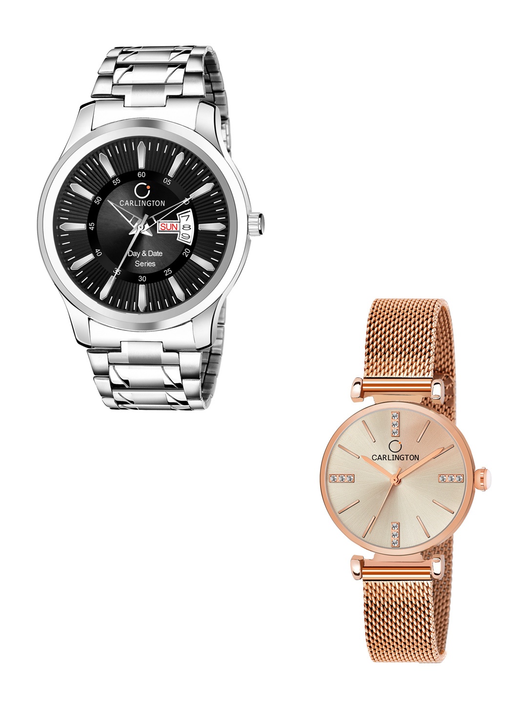 

CARLINGTON Unisex Black Set of 2 Stainless Steel Bracelet Style His & Her Analogue Watch, Multi