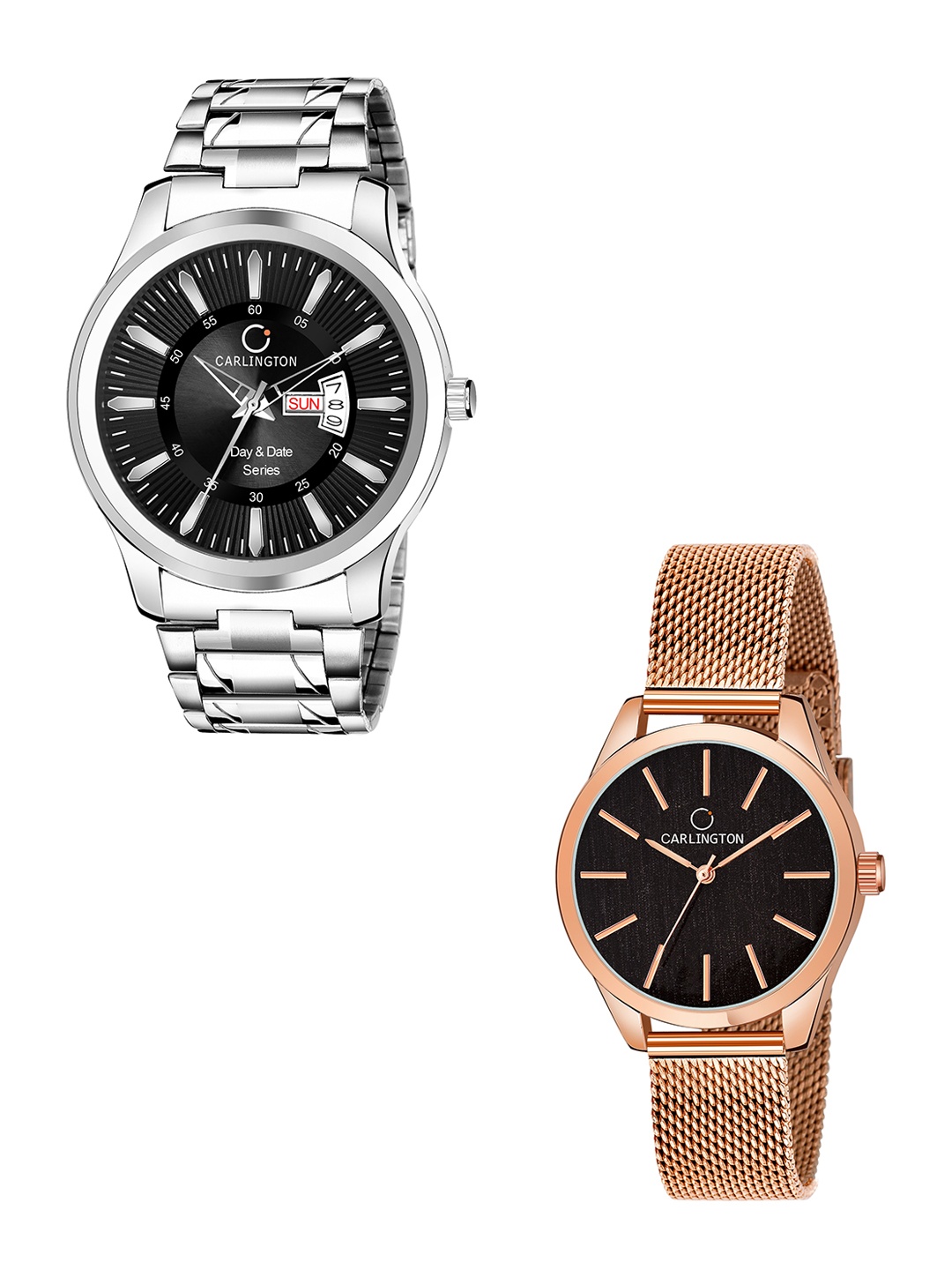 

CARLINGTON Unisex Black Set of 2 Stainless Steel Bracelet Style His & Her Analogue Watch, Multi