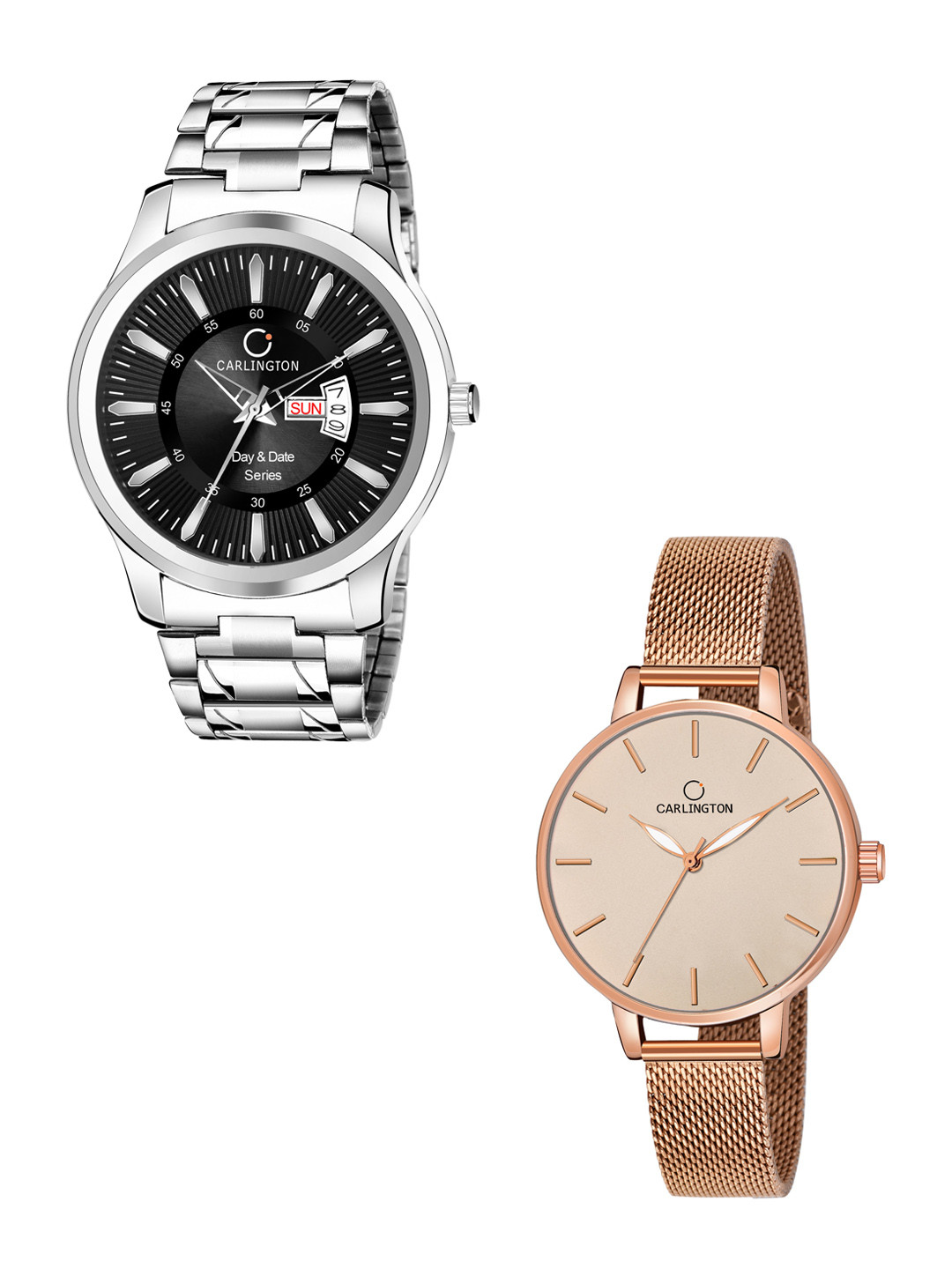 

CARLINGTON Unisex Black Set of 2 Stainless Steel Bracelet Style His & Her Analogue Watch, Multi