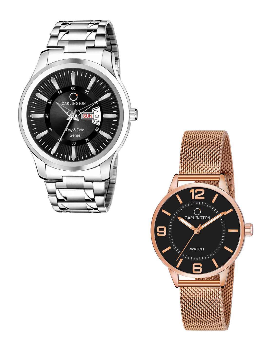 

CARLINGTON Unisex Black Set of 2 Stainless Steel Bracelet Style His & Her Analogue Watch, Multi