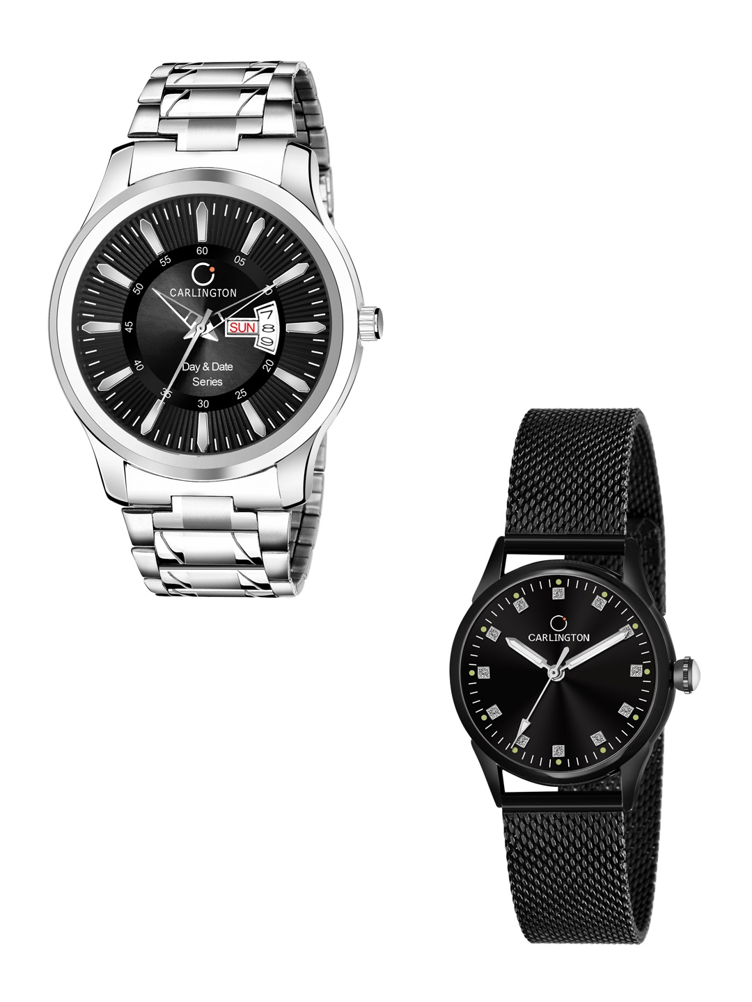 

CARLINGTON Unisex Black Set of 2 Stainless Steel Bracelet Style His & Her Analogue Watch, Multi