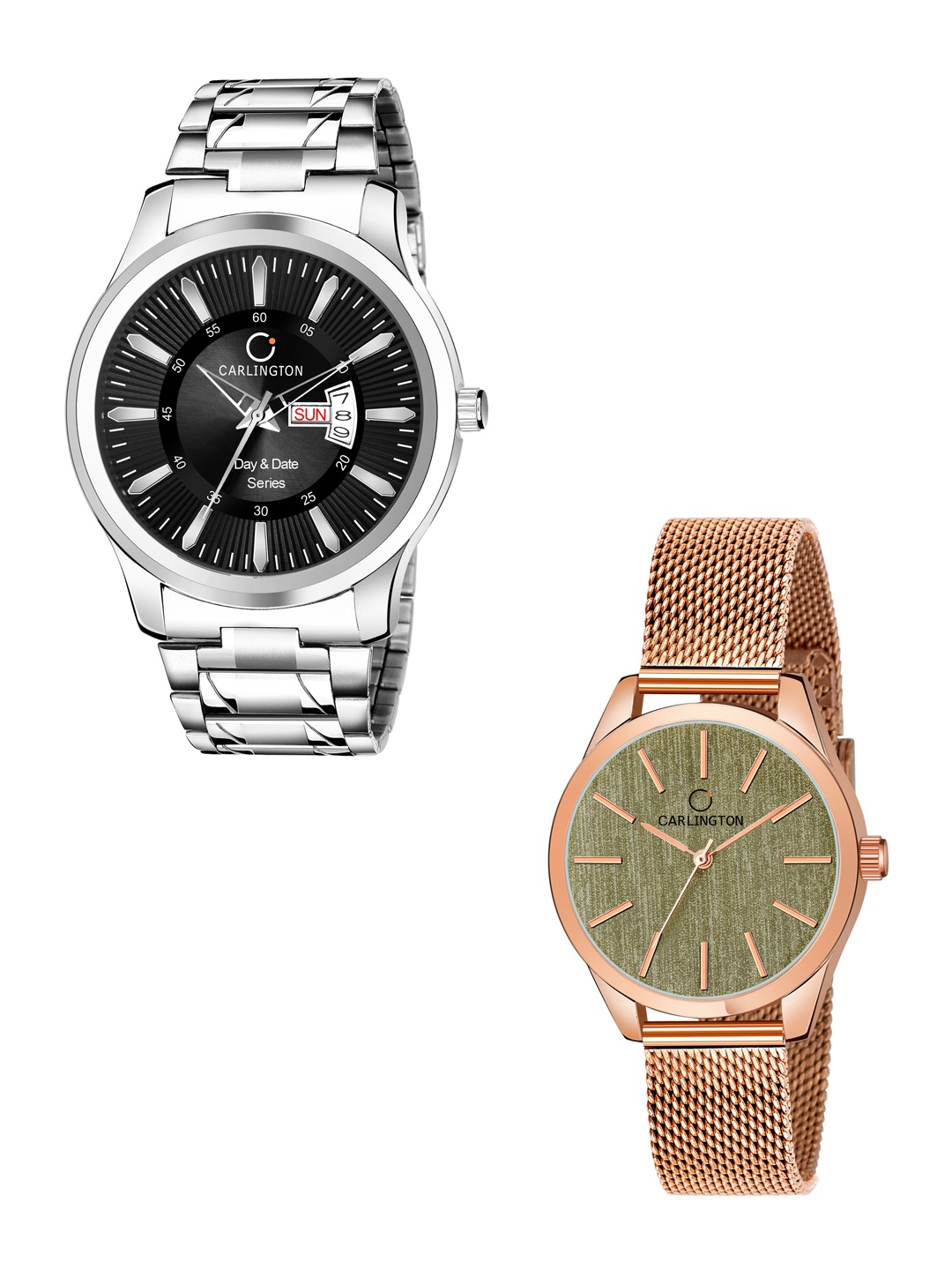 

CARLINGTON Unisex Black Set of 2 Stainless Steel Bracelet Style His & Her Analogue Watch, Multi