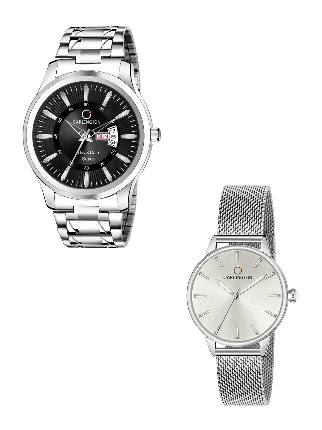 

CARLINGTON Unisex Silver Set of 2 Stainless Steel Bracelet Style His & Her Analogue Watch, Multi