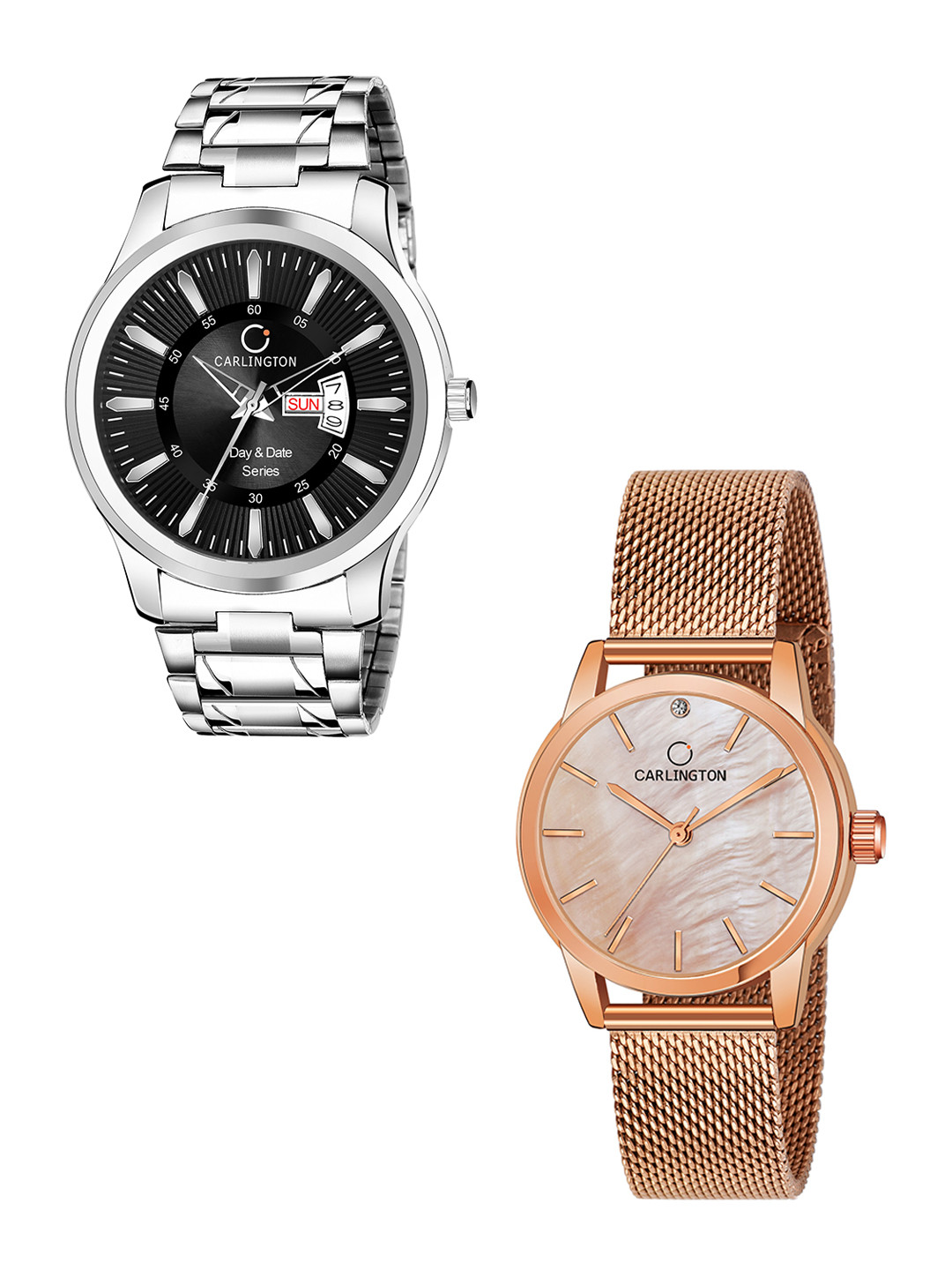 

CARLINGTON Unisex Black Set of 2 Stainless Steel Bracelet Style His & Her Analogue Watch, Multi