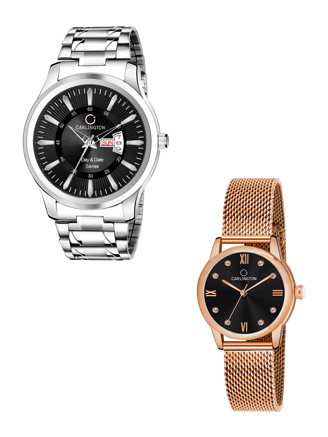 

CARLINGTON Unisex Black Set of 2 Stainless Steel Bracelet Style His & Her Analogue Watch, Multi