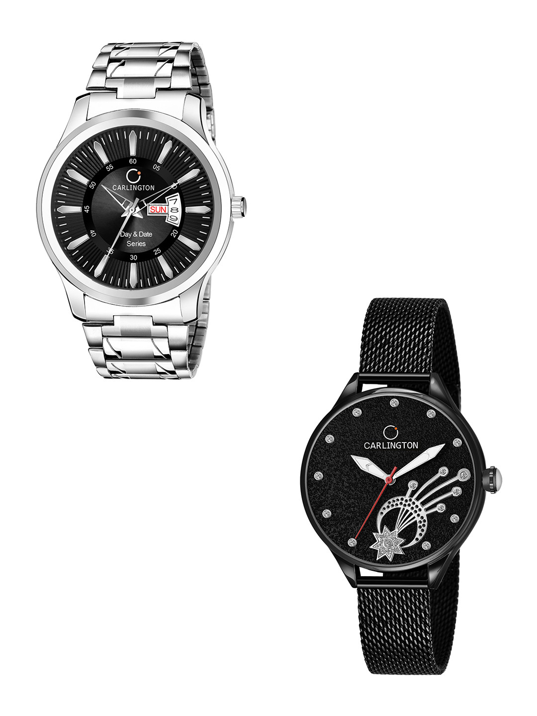 

CARLINGTON Unisex Black Set of 2 Stainless Steel Bracelet Style His & Her Analogue Watch, Multi