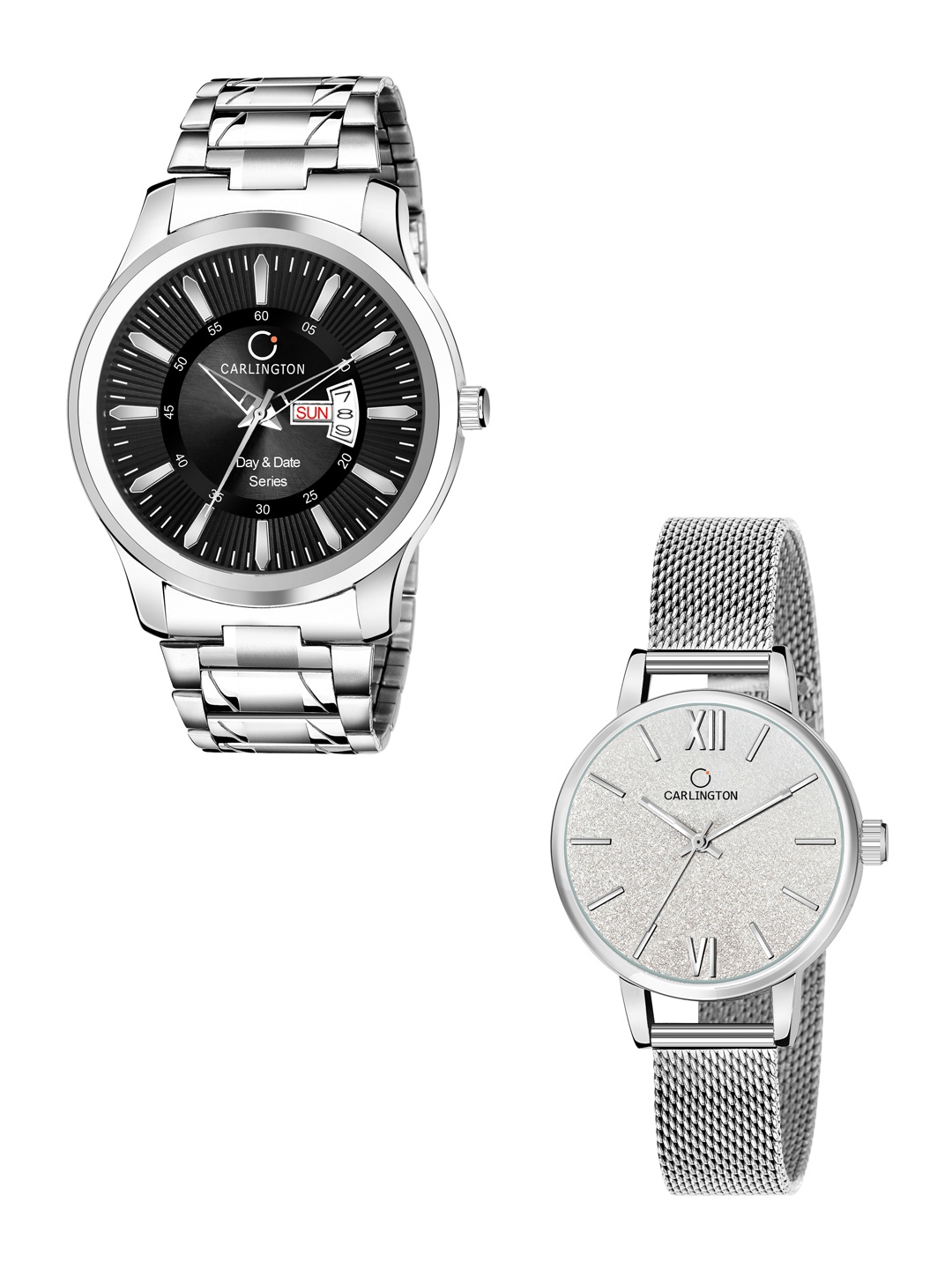 

CARLINGTON Unisex Silver Set of 2 Stainless Steel Bracelet Style His & Her Analogue Watch, Multi