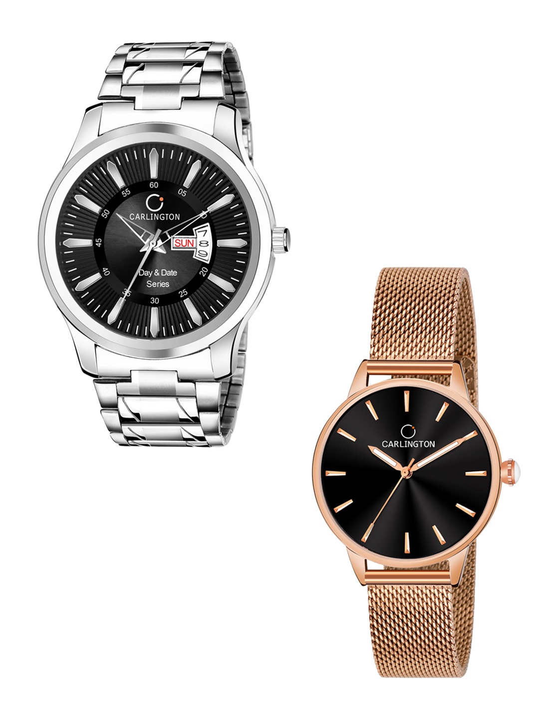 

CARLINGTON Unisex Black Set of 2 Stainless Steel Bracelet Style His & Her Analogue Watch, Multi