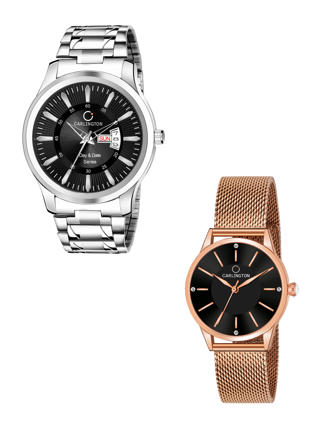 

CARLINGTON Unisex Black Set of 2 Stainless Steel Bracelet Style His & Her Analogue Watch, Multi