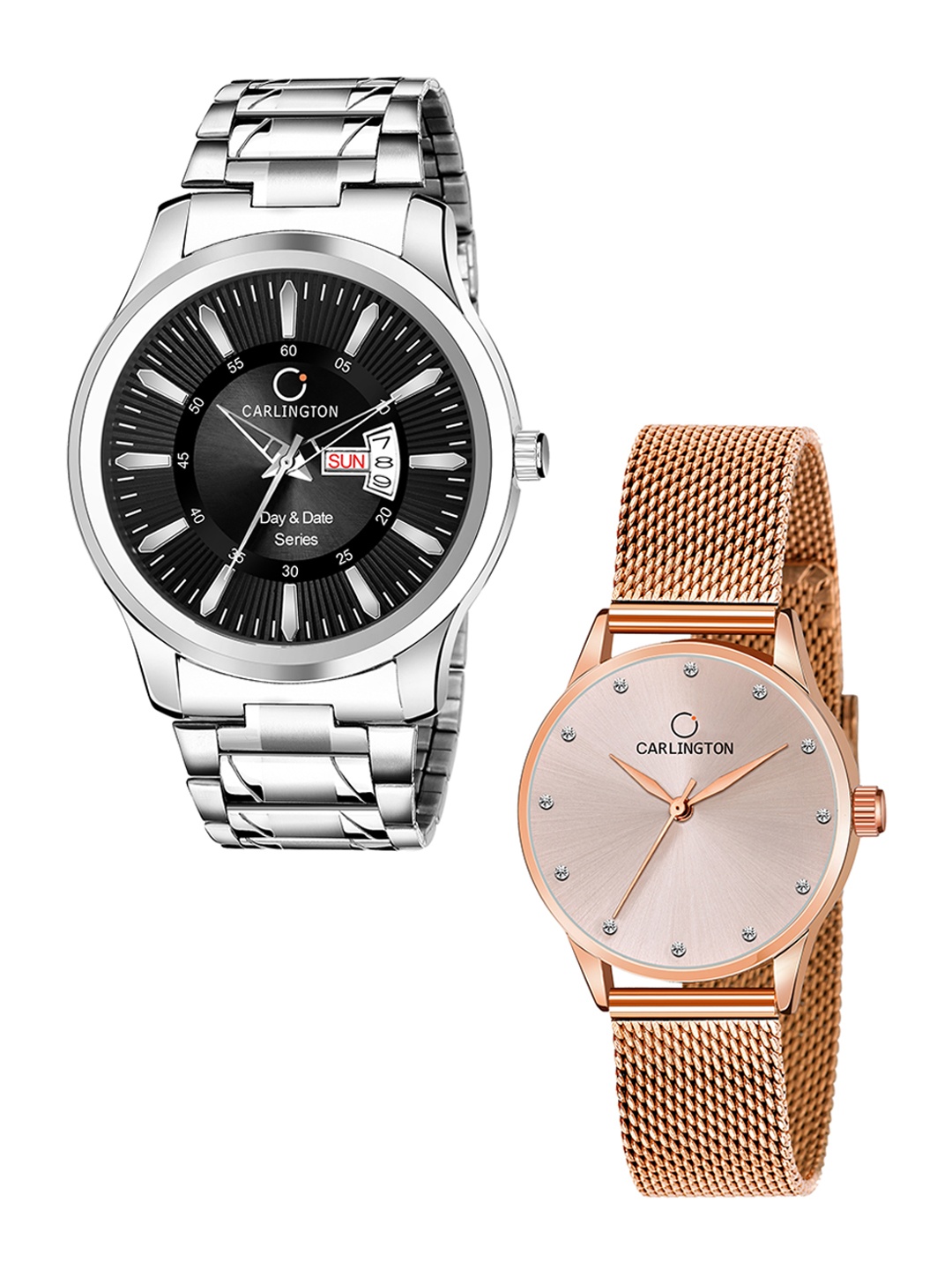

CARLINGTON Unisex Black Set of 2 Stainless Steel Bracelet Style His & Her Analogue Watch, Multi