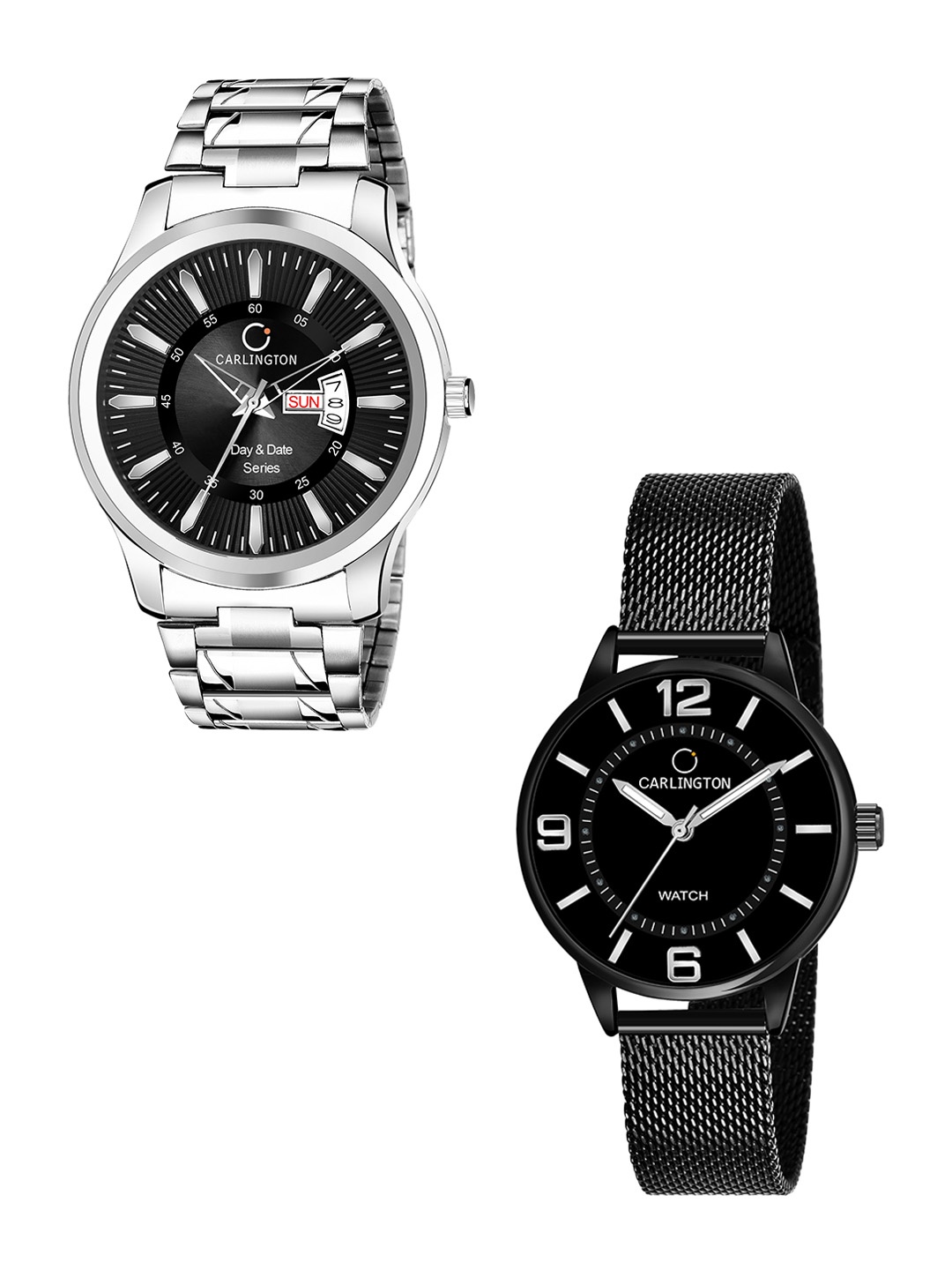 

CARLINGTON Unisex Black Set of 2 Stainless Steel Bracelet Style His & Her Analogue Watch, Multi