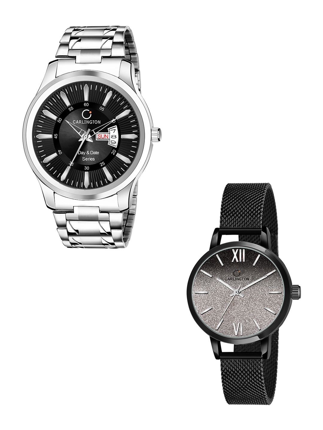 

CARLINGTON Unisex Black Set of 2 Stainless Steel Bracelet Style His & Her Analogue Watch, Multi