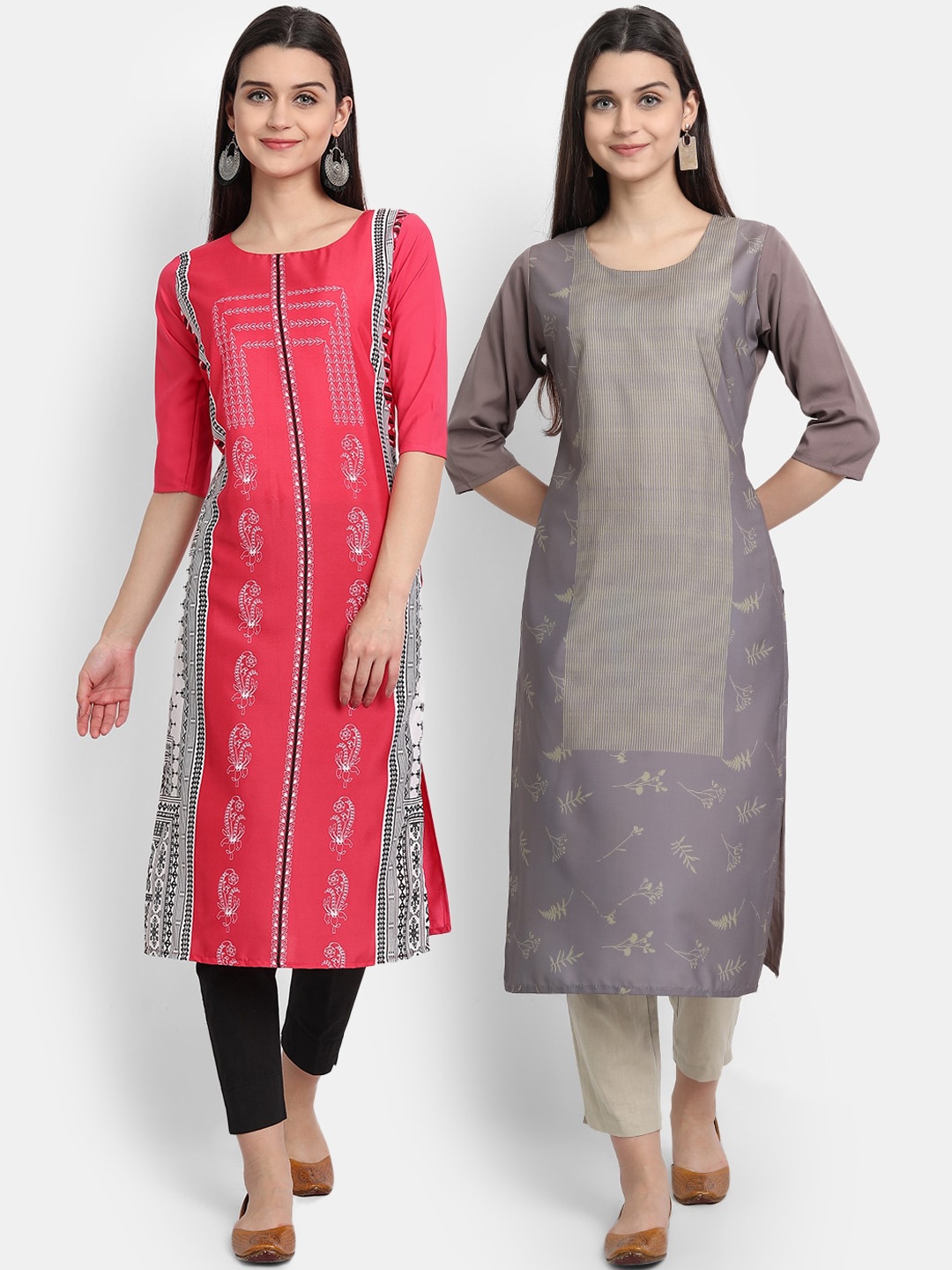 

7Threads Women Pack of 2 Ethnic Motifs Print Round Neck Straight Kurtas, Pink