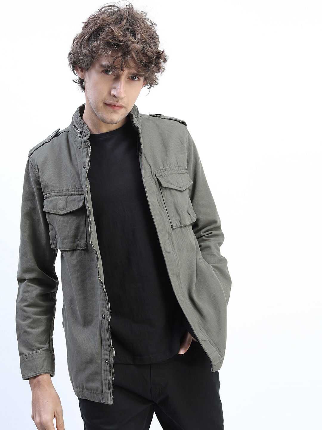 

LOCOMOTIVE Men Olive Green Washed Longline Tailored Jacket