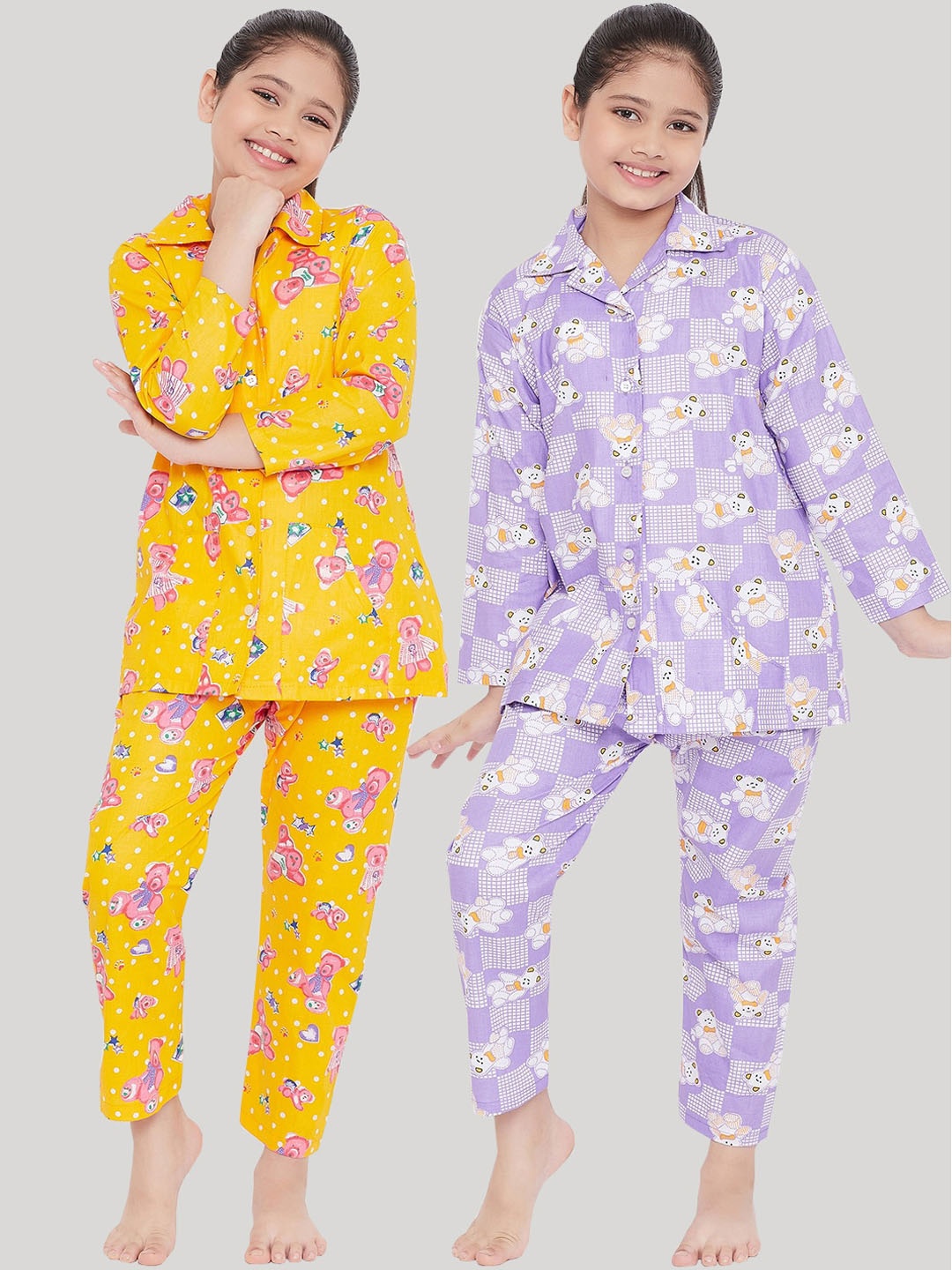 

KYDZI Pack of 2 Girls Yellow & Lavender Printed Printed Night suit