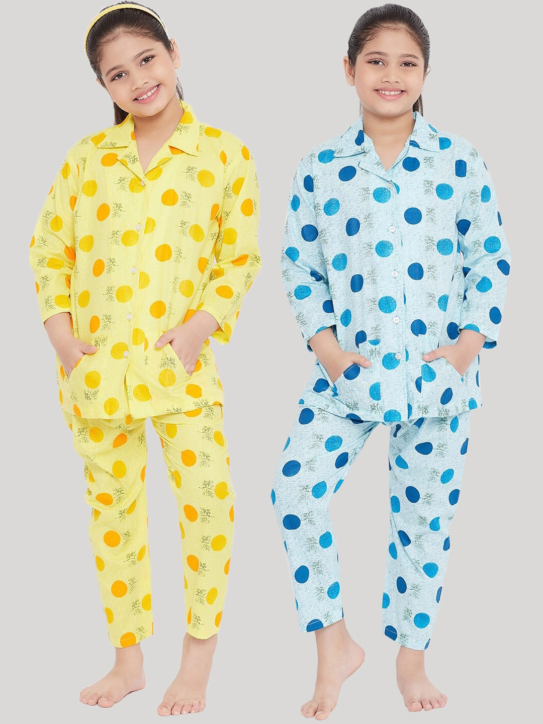 

KYDZI Girls Pack Of 2 Blue & Yellow Printed Night suit