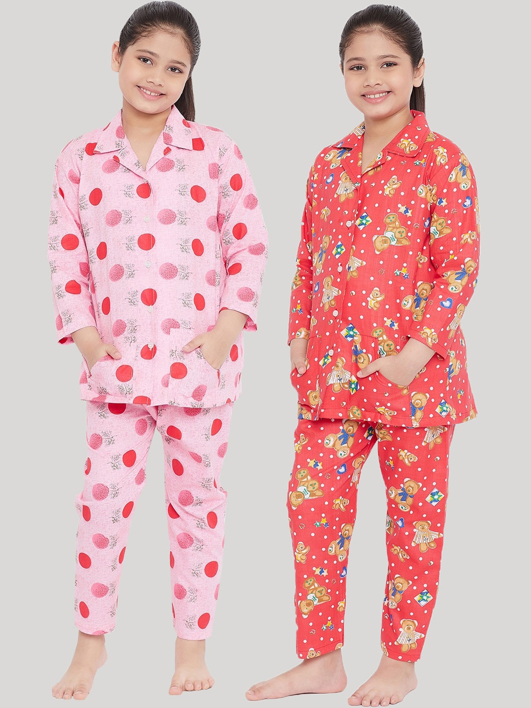 

KYDZI Girls Pack Of 2 Pink & Peach-Coloured Printed Night suit