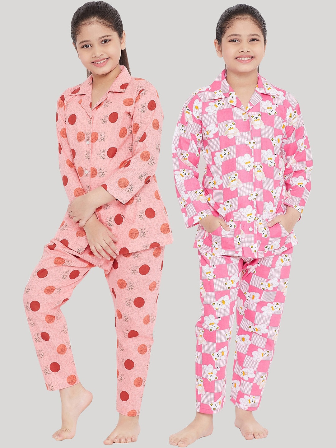 

KYDZI Girls Pack of 2 Pink & Peach-Coloured Printed Night Suits