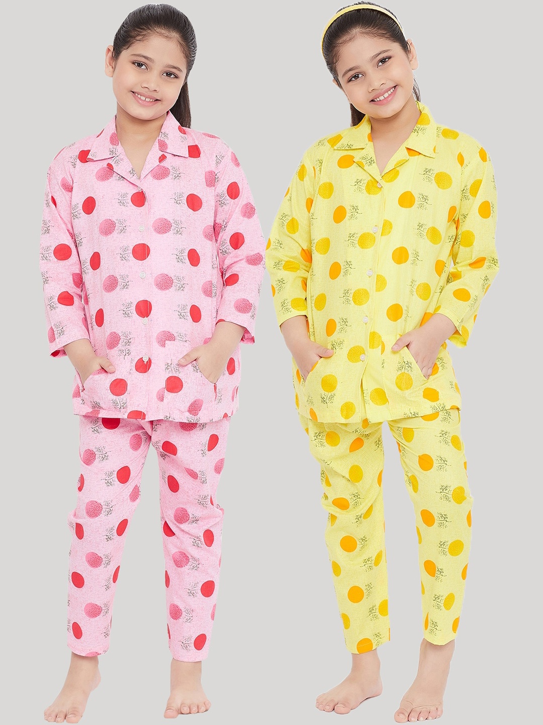 

KYDZI Girls Pack Of 2 Pink & Yellow Polka Dots Printed Night Suit
