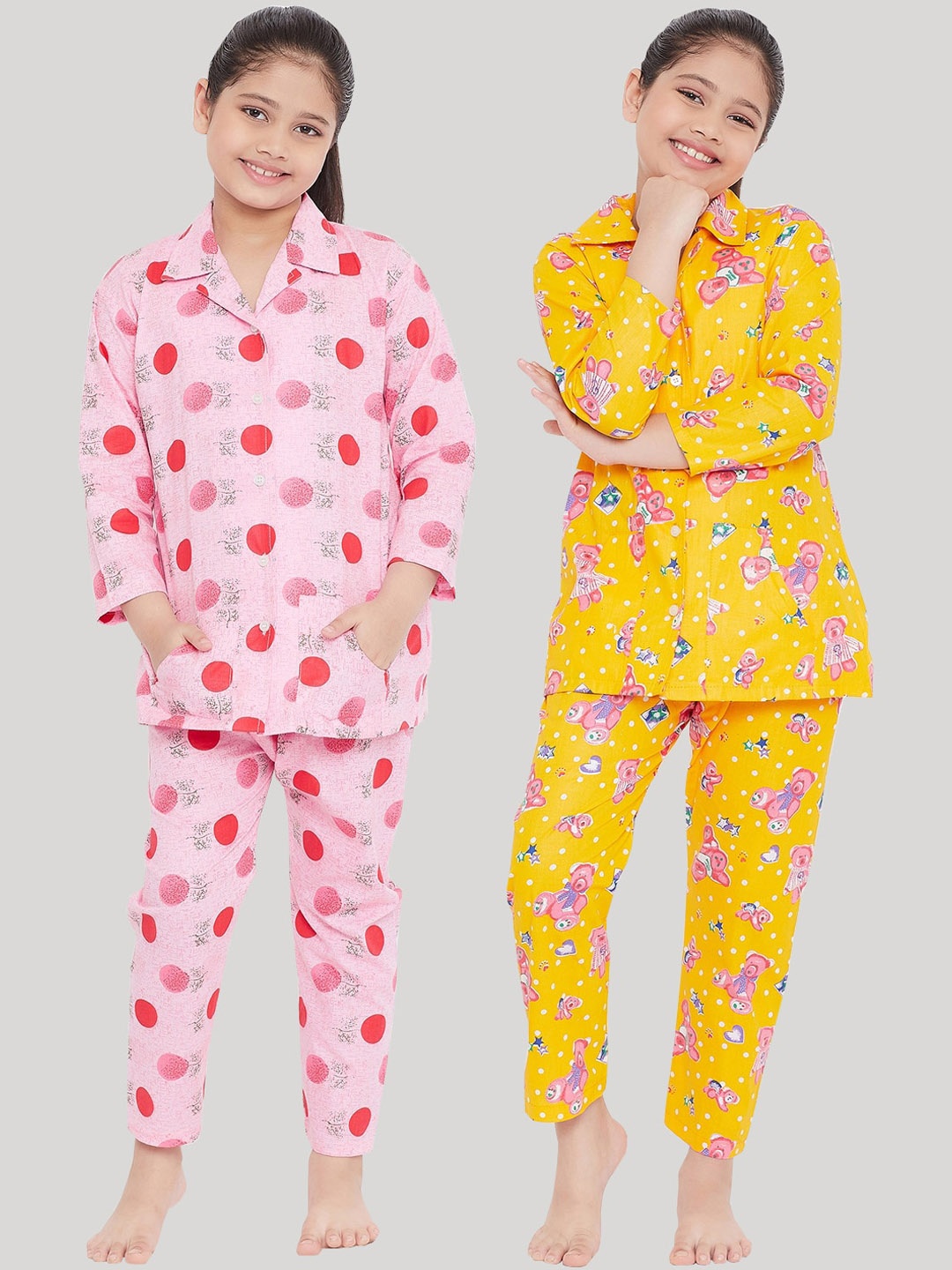 

KYDZI Girls Yellow & Pink Printed Night suit
