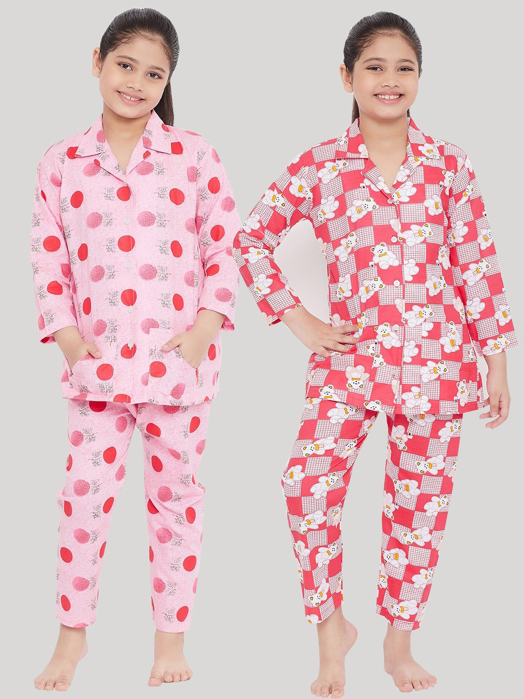

KYDZI Girls Pack Of 2 Pink & Red Geometric Printed Nightsuits