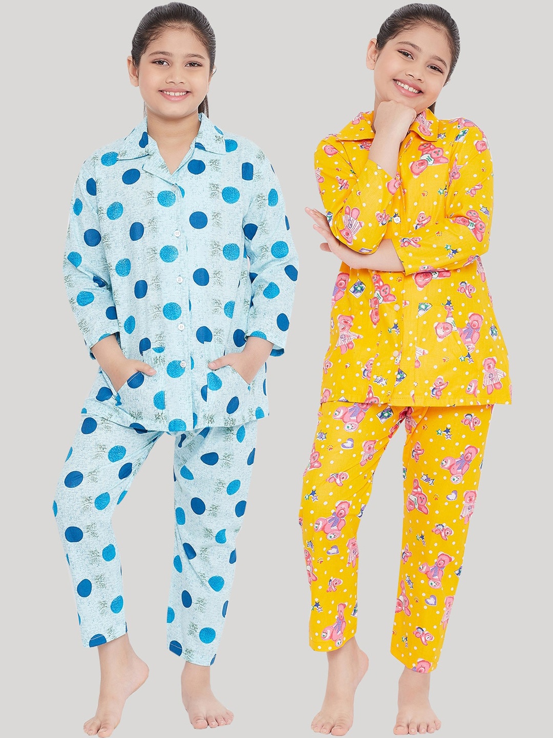 

KYDZI Girls Blue & Yellow pack Of 2 Printed Night suit