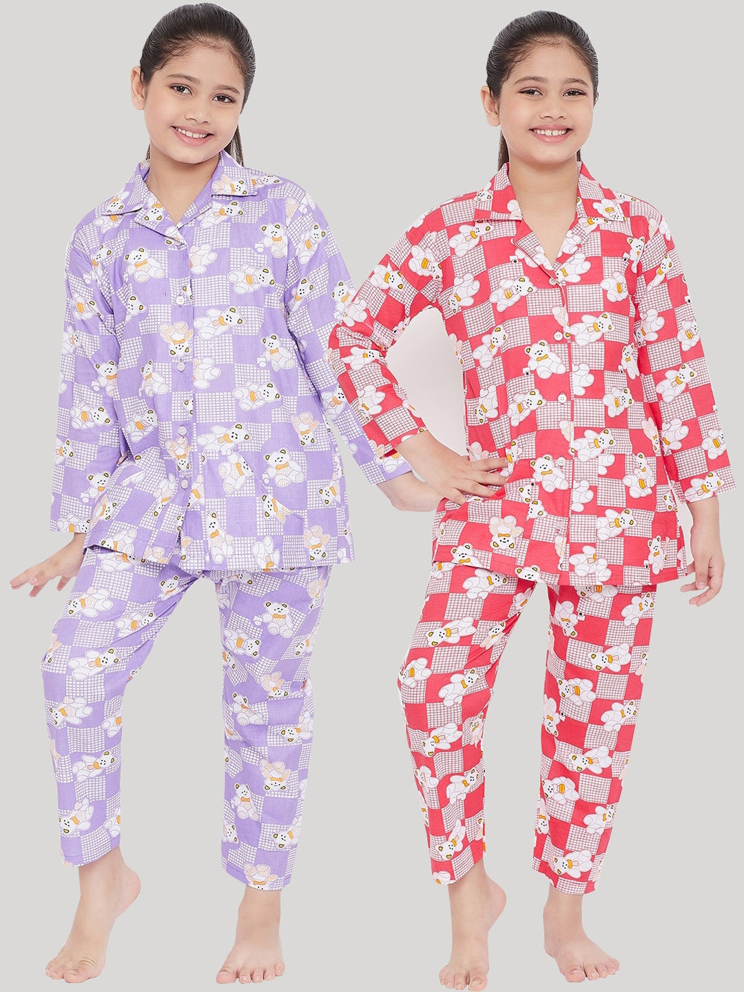 

KYDZI Girls Pack Of 2 Lavender & Red Printed Night suit