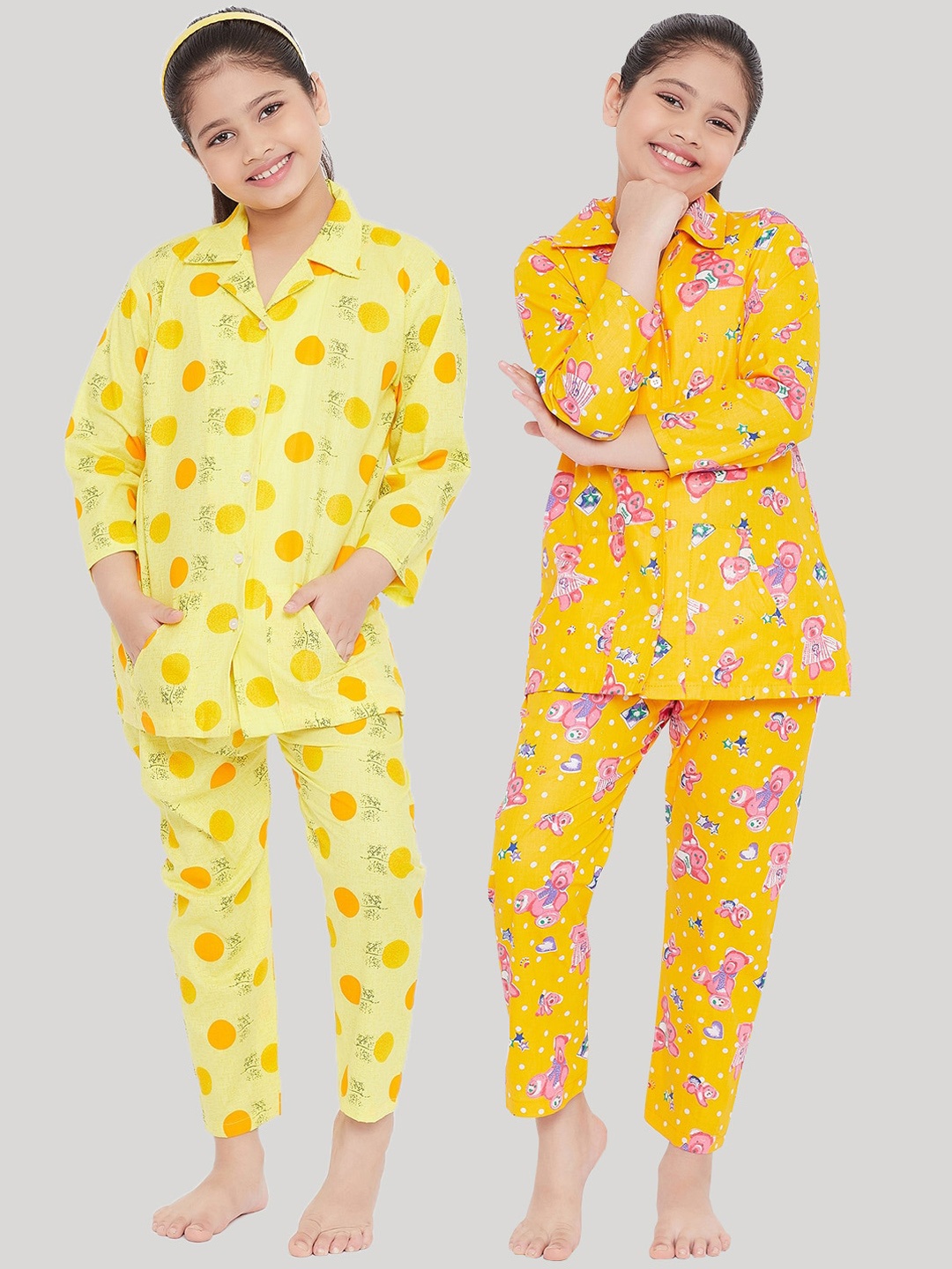 

KYDZI Girls Pack Of 2 Pink & Yellow Printed Night suit