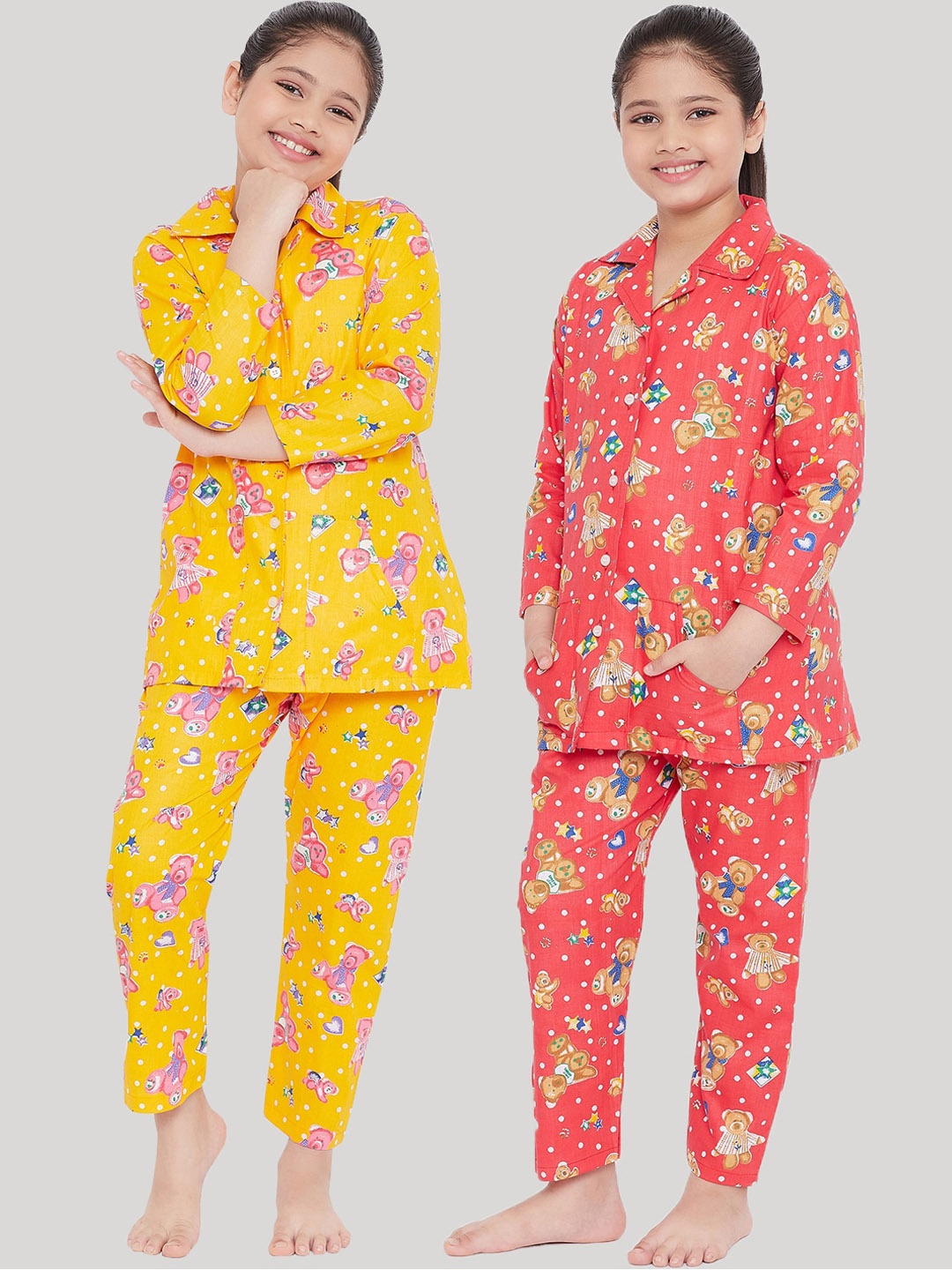 

KYDZI Girls Pack of 2 Yellow & Red Printed Night Suits