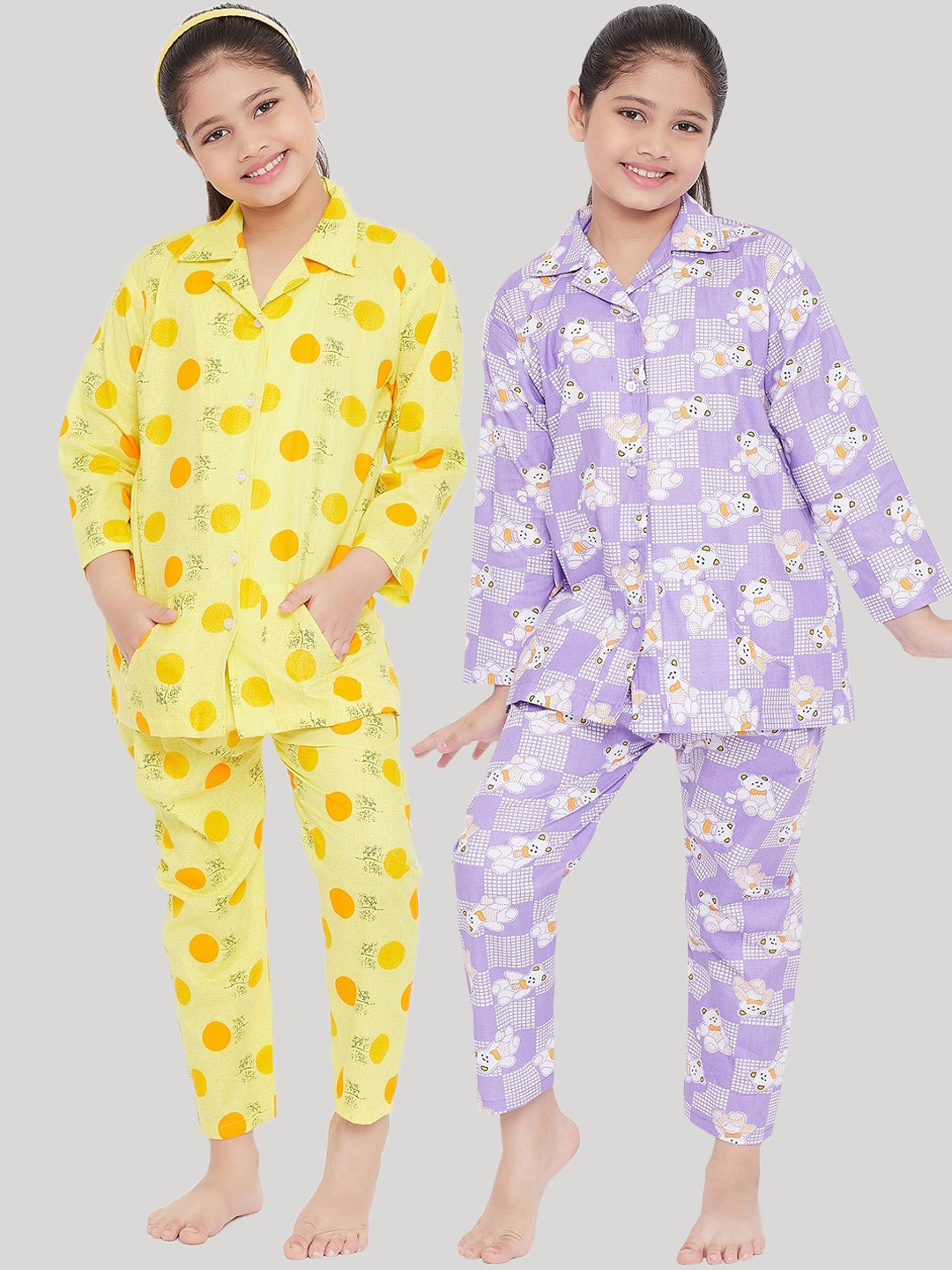 

KYDZI Girls Pack Of 2 Yellow & Purple Printed Night Suit