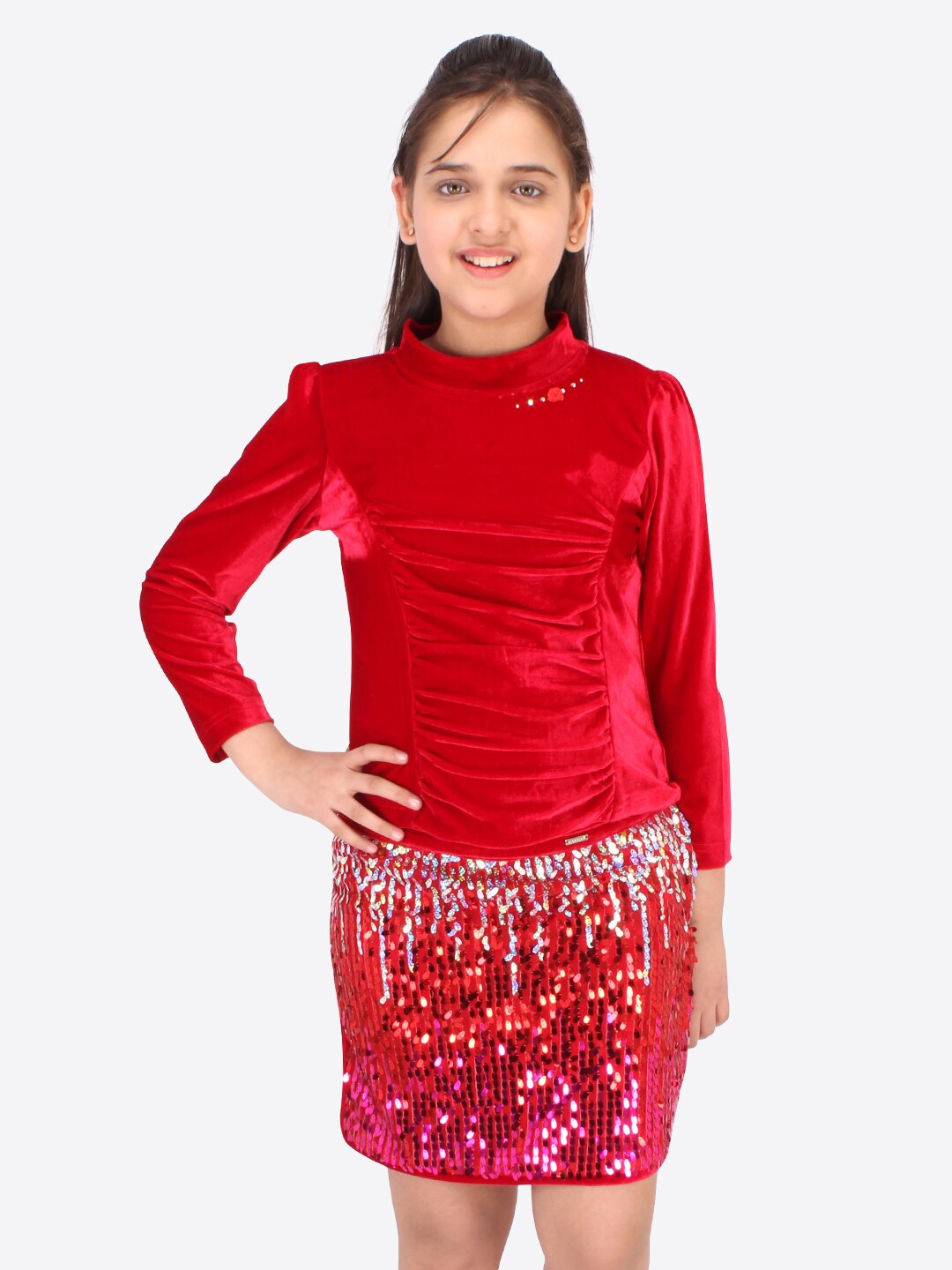 

CUTECUMBER Girls Red Embellished Top With Skirt