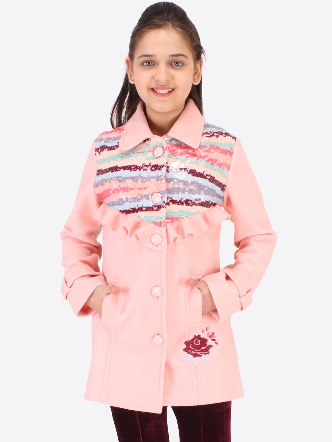 

CUTECUMBER Girls Peach-Coloured Longline Tailored Jacket with Sequined strips