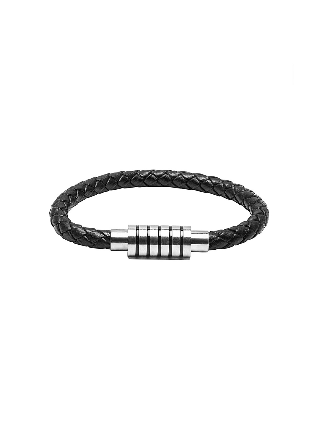 

bodha Men Black & Silver-Toned Braided Leather Bracelet