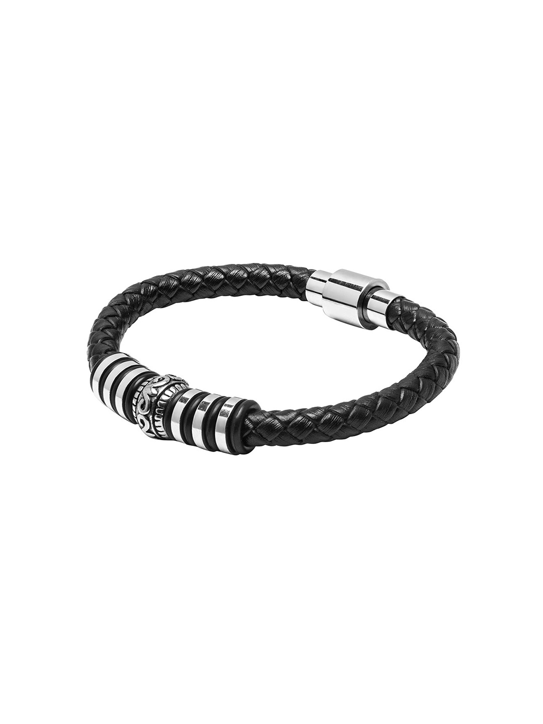 

bodha Men Black & Silver-Toned Leather Multistrand Bracelet