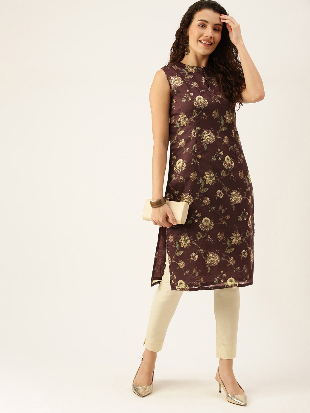 

Ethnovog Women Maroon Beige Ethnic Motifs Printed Kurta