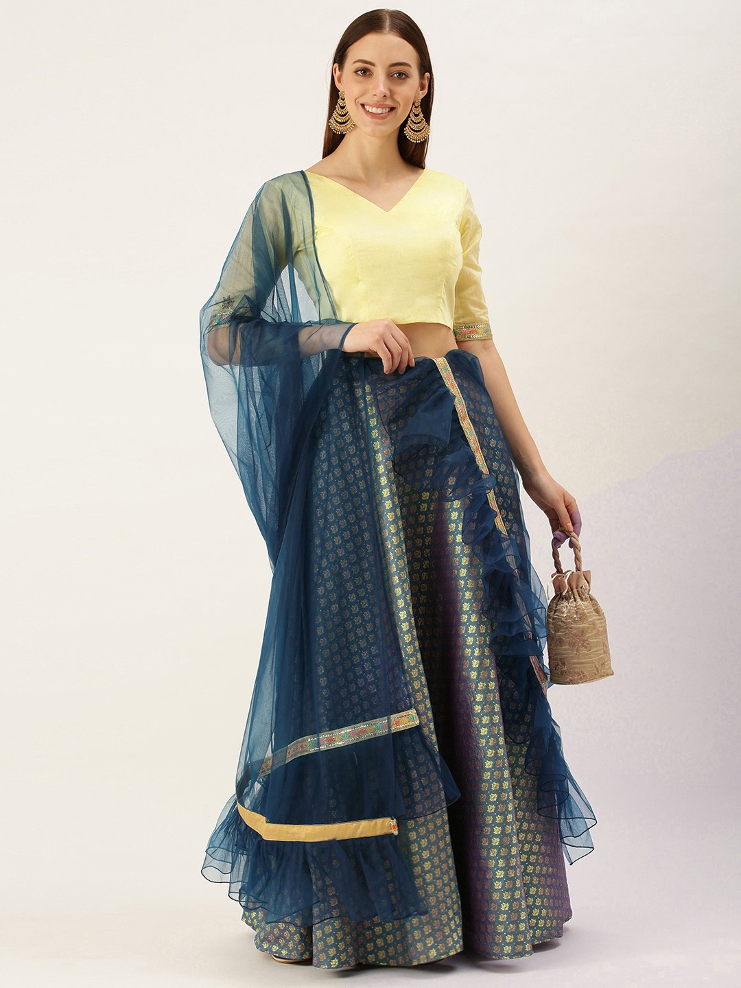 

Ethnovog Teal Blue Yellow Made to Measure Lehenga Blouse With Dupatta