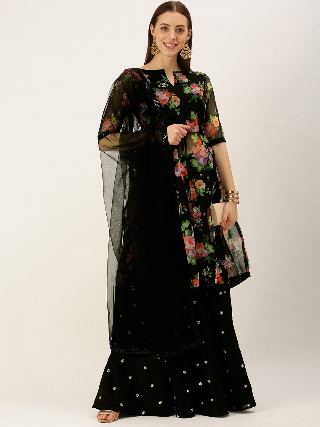 

Ethnovog Black Pink Made to Measure Fusion Lehenga Blouse With Dupatta