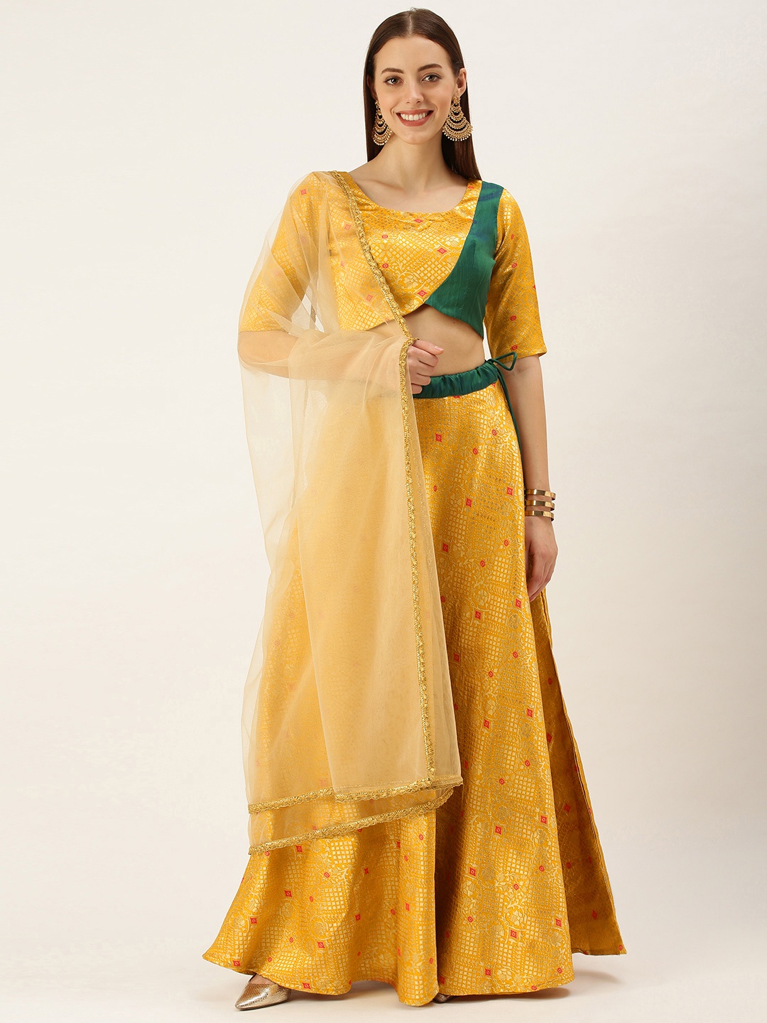 

Ethnovog Mustard Yellow Golden Made to Measure Lehenga Blouse With Dupatta