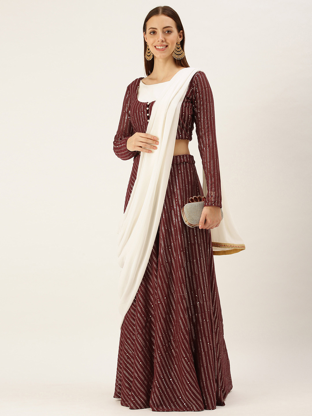 

Ethnovog Maroon Embellished Sequinned Made to Measure Lehenga Blouse With Dupatta