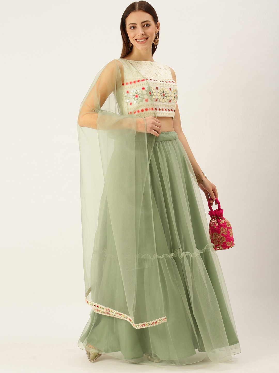 

Ethnovog Green Off White Made to Measure Lehenga Blouse With Dupatta