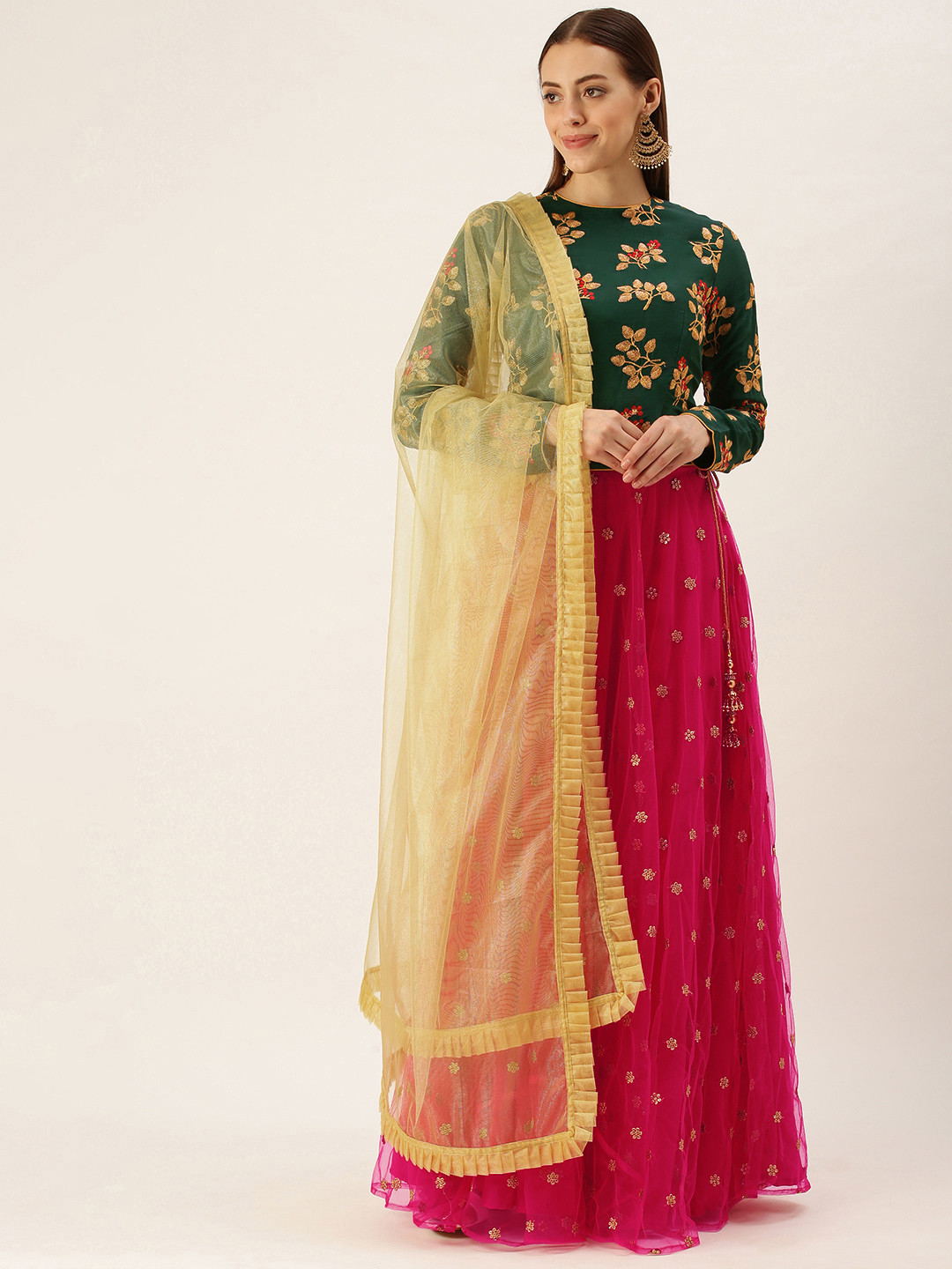 

Ethnovog Green Pink Embroidered Made to Measure Lehenga Blouse With Dupatta